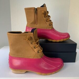 EUC Sperry Top Sider Saltwater Girls Rain boot Pink Brown Big kid Size 3